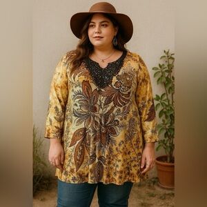 Simply Emma Women's Blouse Tunic Brown Yellow Sequin 3/4 Sleeve V Neck Bohemian